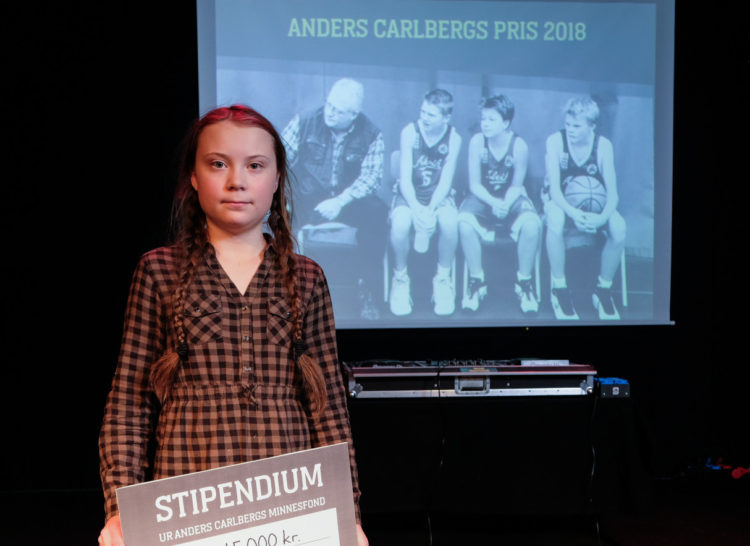 Greta Thunberg när hon tog emot Anders Carlbergs minnespris 2018