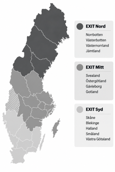 Bilden visar de olika områdena EXIT verkar i. EXIT Nord innefattar norra Sverige. EXIT Mitt mellersta Sverige och EXIT Syd södra Sverige.